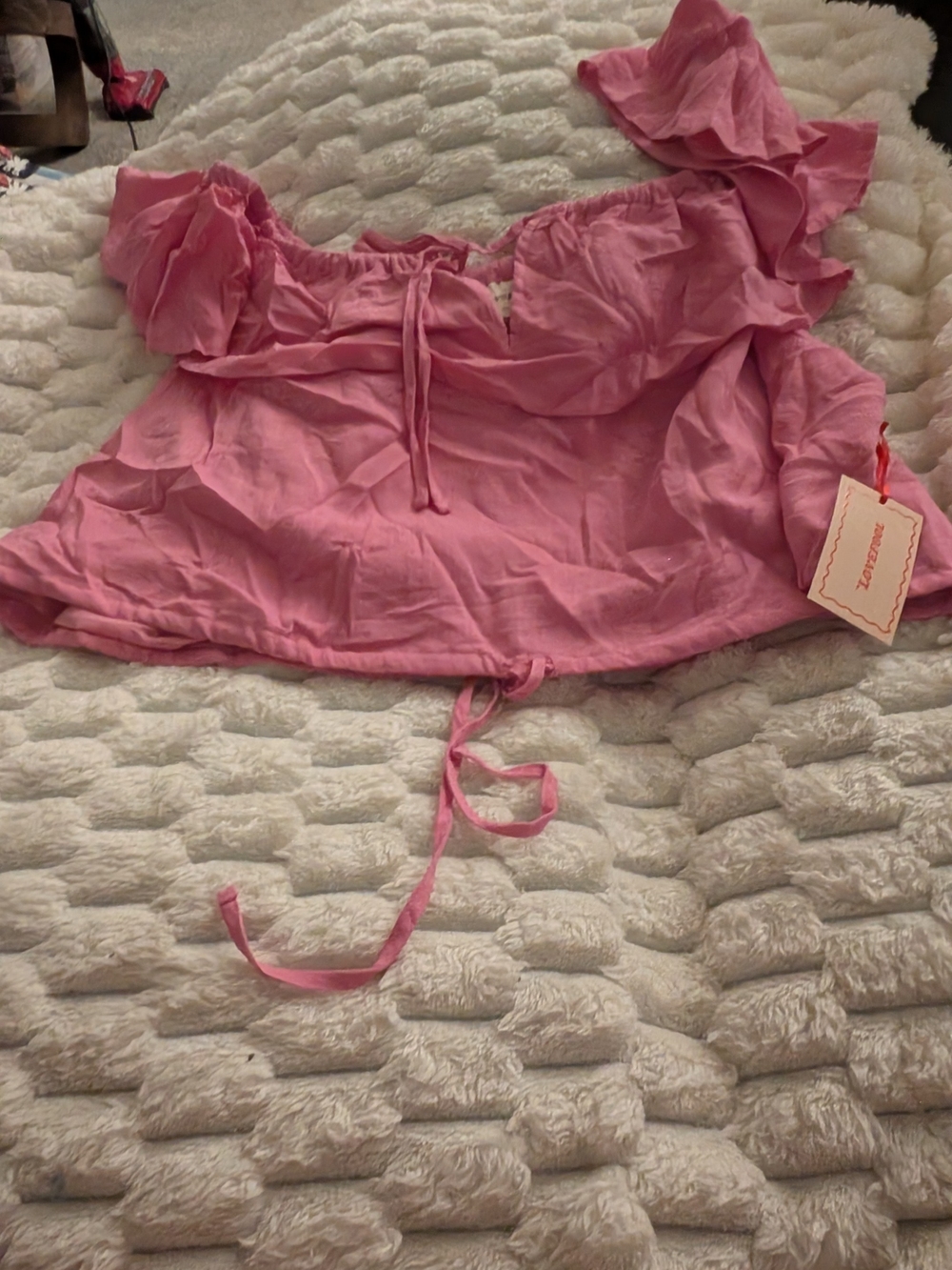 Pink Off-Shoulder Ruffle Crop Top - Unknown Brand